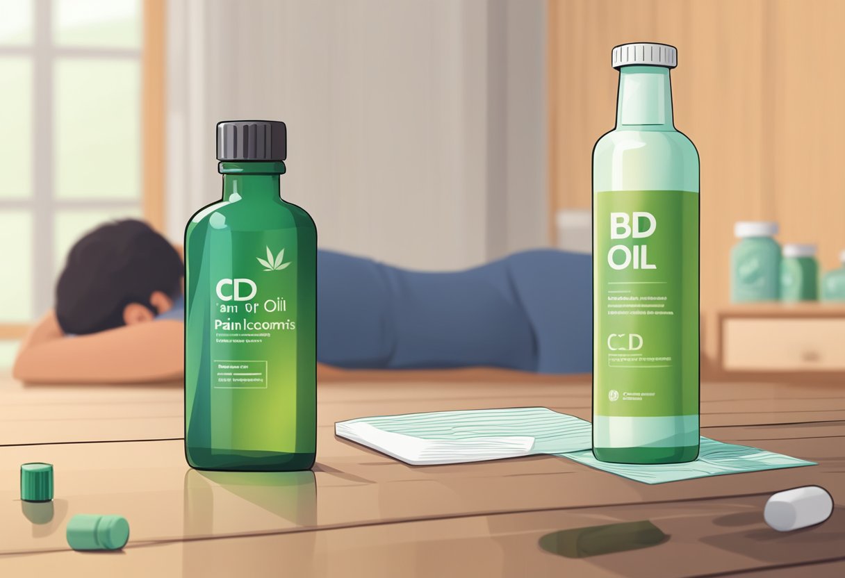 A bottle of CBD oil sits on a table next to a bottle of pain medication, with a background of a person stretching their back in discomfort