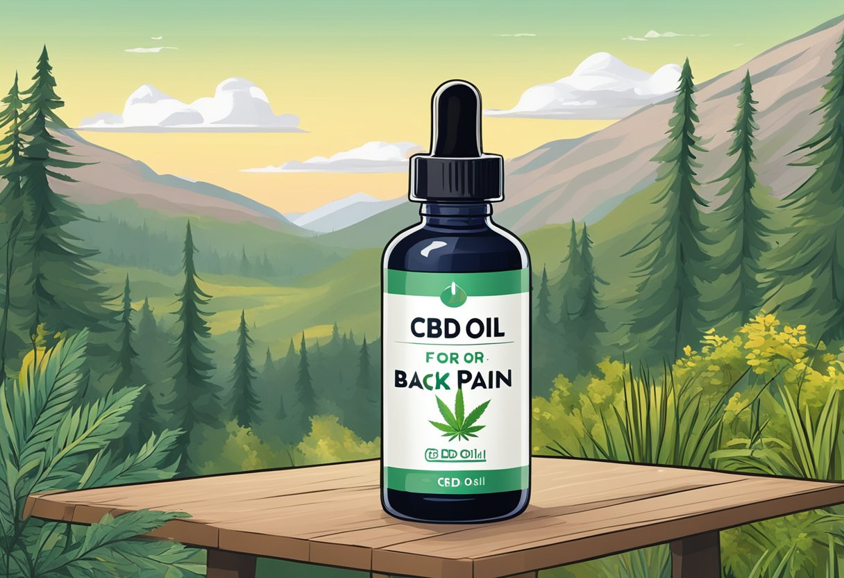 A bottle of CBD oil sits on a table with a label reading "CBD oil for back pain." A serene backdrop of nature adds to the calming effect