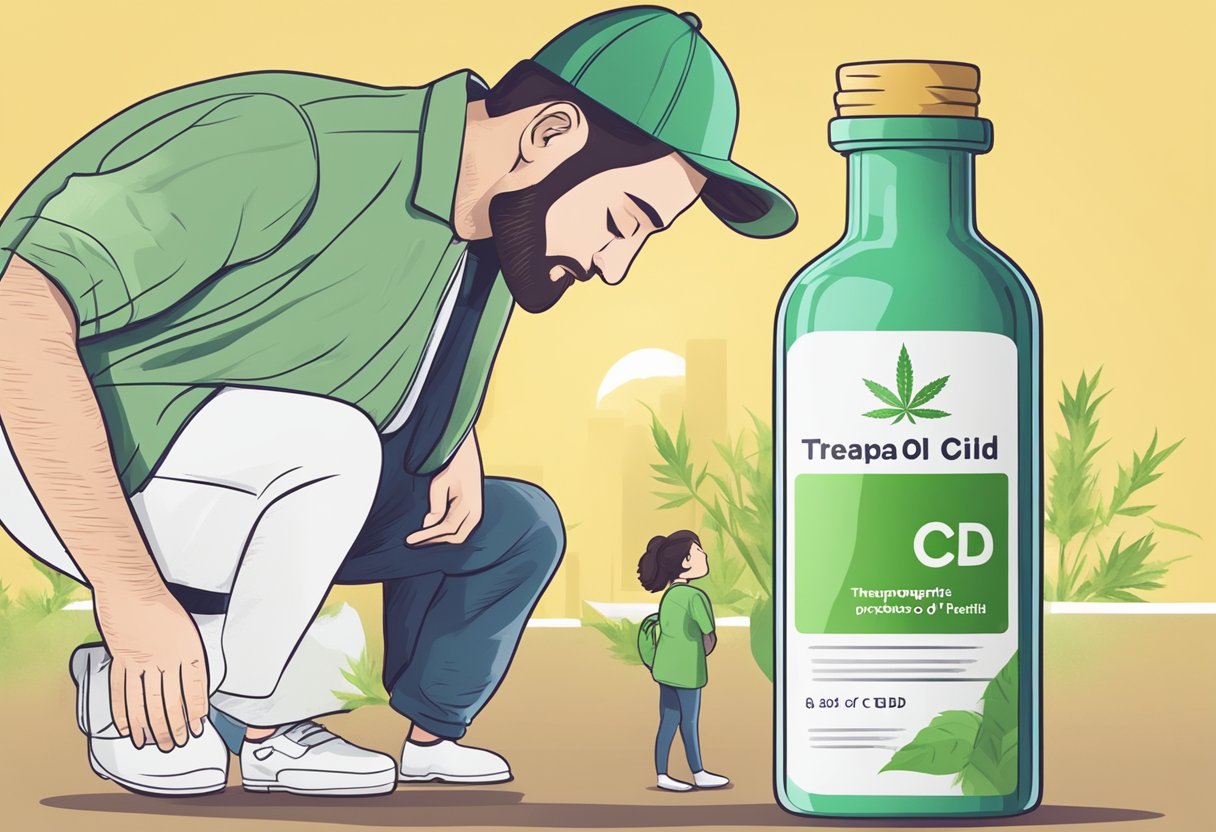 A bottle of CBD oil with a label "Therapeutic Properties of CBD" and a background of a person with a sore back finding relief